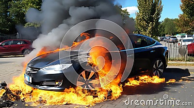 Electric car EV who's vehicle lithium battery is on fire causing a thermal runaway Cartoon Illustration