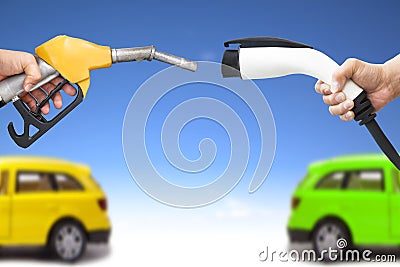 Electric car and gasoline car concept Stock Photo