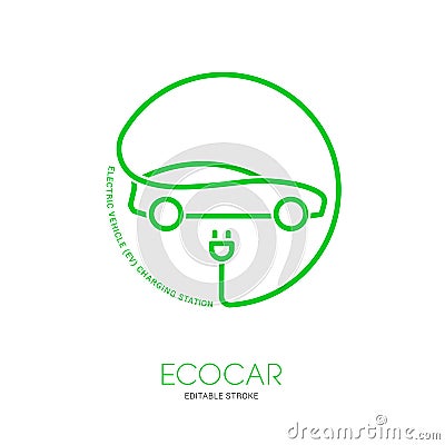 Electric car icon. Electrical cable plug charging green symbol. Vector Illustration