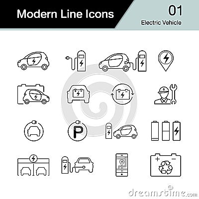 Electric car icon set 1. Hybrid Vehicle symbol. Eco friendly auto or electric vehicle concept. Modern line design. Vector Illustration