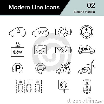 Electric car icon set 2. Hybrid Vehicle symbol. Eco friendly auto or electric vehicle concept. Modern line design. Vector Illustration