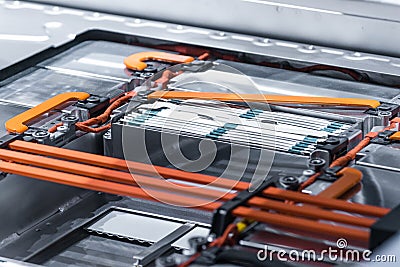 Electric car lithium battery pack and power connections. Blue toned. Stock Photo