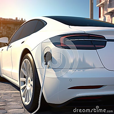 Electric car with opened charging socket cap and charger plugged in Stock Photo