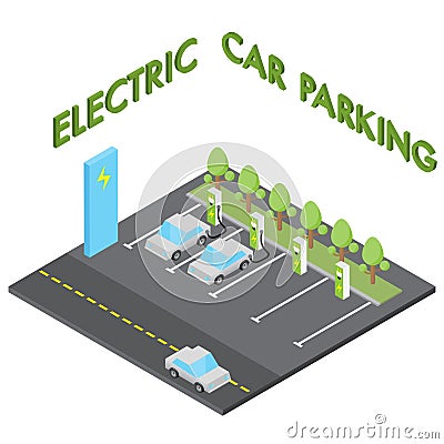 Electric car parking concept, isometric vehicle charging station Vector Illustration