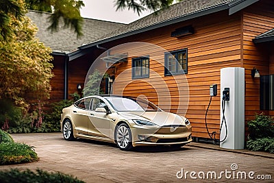 Electric car parking near home charging station, electric vehicle at house, generative AI Stock Photo