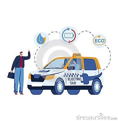 Electric car taxi, city transportation service vector illustration. Man character look for vehicle transport, urban Vector Illustration