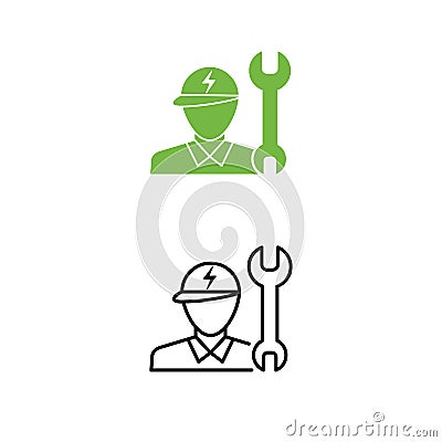 Electric car technician support icon. Technician man and wrench Vector Illustration