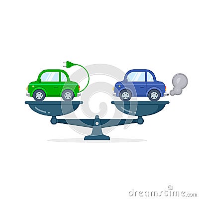 Electric car versus gasoline and diesel car on scales flat illustration. Comparison between electric environmentally friendly and Vector Illustration