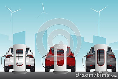 Electric cars with charging stations Vector Illustration