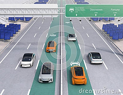 Electric cars driving on the wireless charging lane of the highway Stock Photo