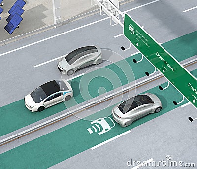 Electric cars driving on the wireless charging lane of the highway Stock Photo