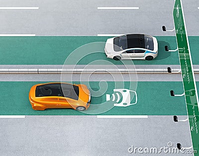 Electric cars driving on the wireless charging lane of the highway Stock Photo