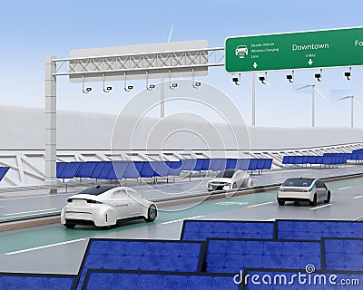 Electric cars driving on the wireless charging lane of the highway Stock Photo