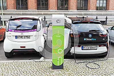 Electric cars recharging the batteries in Berlin, Germany Editorial Stock Photo