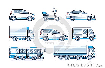 Electric cars set with various battery powered vehicles outline collection Vector Illustration