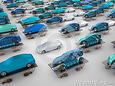 Electric cars on vehicle lifts Stock Photo