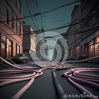 Electric chaos of cables , Crazy messy chaos wires. Ai generated image Stock Photo