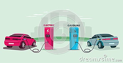 Electric charging station and petrol gas station against the background of the city. Energy conceptual Vector Vector Illustration