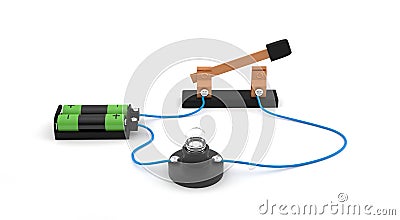 Electric circuit showing open switch using a light bulb and batteries white background. Stock Photo