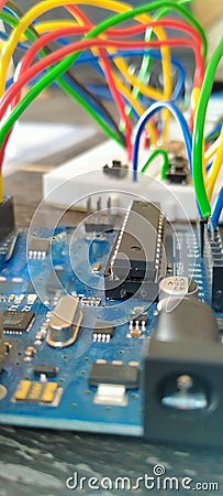 Electric circuits with wires background Stock Photo