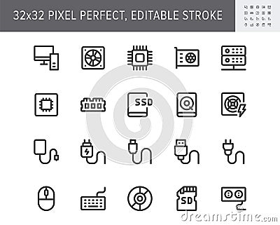 Electric component simple line icons. Vector illustration with minimal icon - chip, computer, cpu, gpu, ram, hard disk Cartoon Illustration