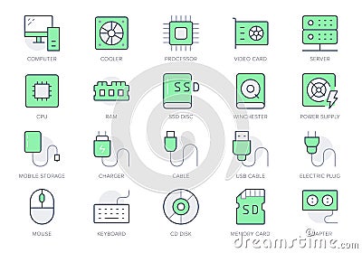 Electric component simple line icons. Vector illustration with minimal icon - chip, computer, cpu, gpu, ram, hard disk Vector Illustration