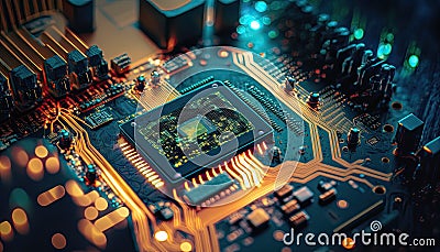 Electric computer circuit board. interior Data microchip motherboard. RAM processor, CPU. Technology, connection, innovation. Stock Photo