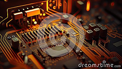 Electric computer circuit board. interior Data microchip motherboard. RAM processor, CPU. Technology, connection, innovation. Stock Photo