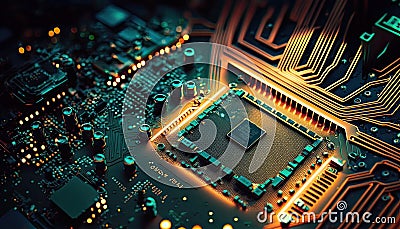 Electric computer circuit board. interior Data microchip motherboard. RAM processor, CPU. Technology, connection, innovation. Stock Photo