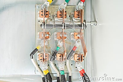 Electric control panel enclosure closeup. Electrical voltage Stock Photo