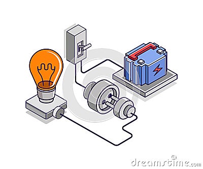 Electric current from battery energy Cartoon Illustration