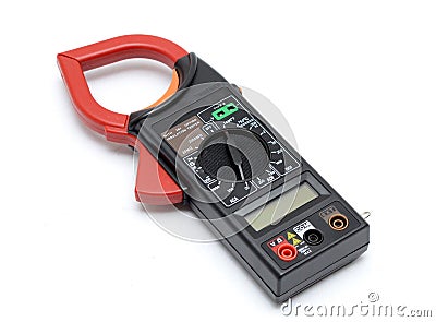 Electric current measuring tool. Clamp multimeter. Stock Photo