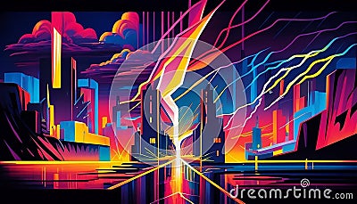 Electric Dreamscape - Bold Futuristic Vibrant Geometric Neon Surreal Cityscape, Made with Generative AI Stock Photo