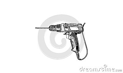 Electric drill sketch in engrave style. Drilling machine hand-drawn contour illustration. Black outline on white background Cartoon Illustration