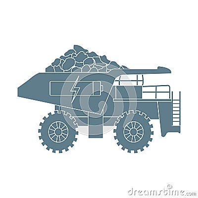 Electric dumper with ore, battery, charge symbol. Vector Illustration