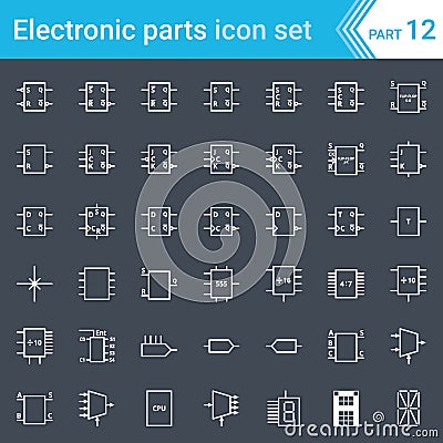 Electric and electronic icons, electric diagram symbols. Digital electronics, flip-flop, logic circuit, display, programming. Vector Illustration