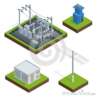 Electric Energy Factory Distribution Chain. Communication, technology town, electric, energy. Vector isometric Vector Illustration