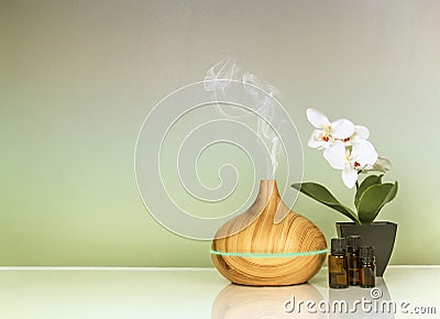 Electric Essential oils Aroma diffuser, oil bottles and flowers on green gradient surface with reflection Stock Photo