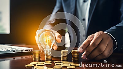 Electric Eureka: Hand with Light Bulb Over Coins on Textured Desk Stock Photo