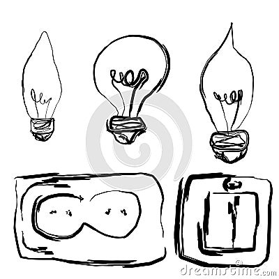 electric euro socket, switch and light bulbs isolated vector sketches Vector Illustration