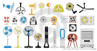 Electric fan set, conditioning appliances and fan ventilators for office and home Vector Illustration