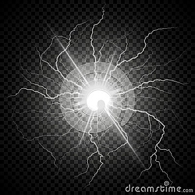 Electric flash of lightning on a dark transparent background. Vector Stock Photo