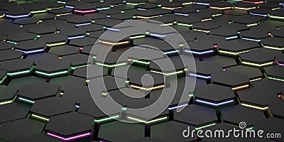 Electric futuristic surface hexagon pattern with coloured rays 3D Rendering Illustration Stock Photo