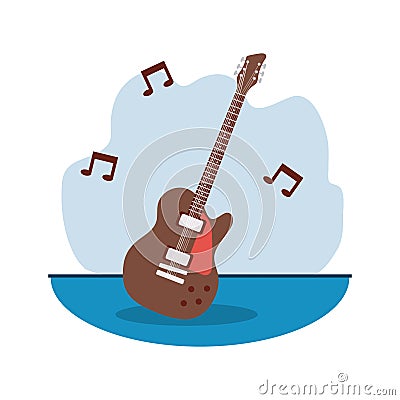electric guitar brown color instrument with music notes Vector Illustration