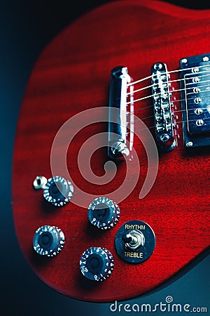 Red electric guitar with festive Christmas lights Stock Photo
