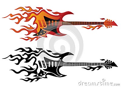 Electric guitar on fire in full color and black flames vector illustration Vector Illustration