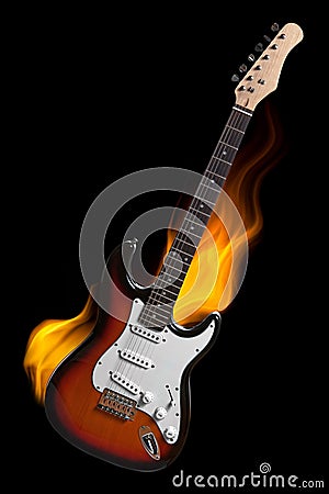 Electric guitar on fire isolated on black Stock Photo