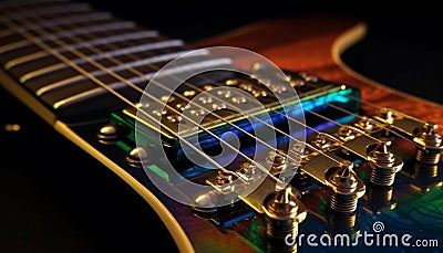 Electric guitar fretboard, wood and metal strings generated by AI Stock Photo