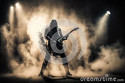 electric guitar player, performing solo concert with dramatic lighting and smoke effects Stock Photo