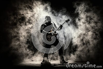 electric guitar player, performing solo concert with dramatic lighting and smoke effects Stock Photo